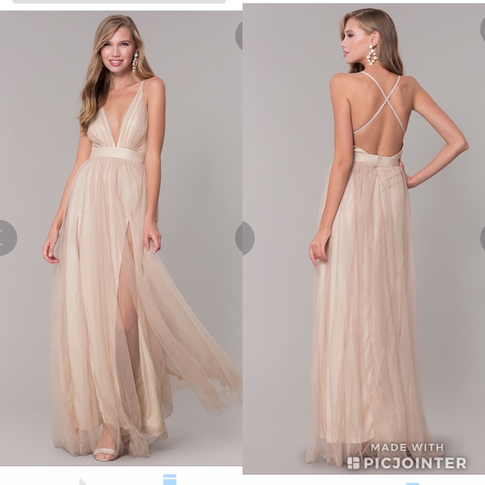 Long V-Neck Gold Tulle Formal Dress Pageant Prom Ball